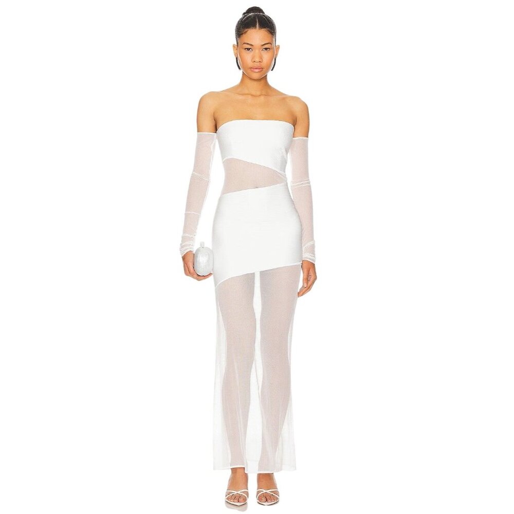 Lama Jouni Long Sleeve Cut Out Mesh Dress in White XX-Small New Womens Maxi